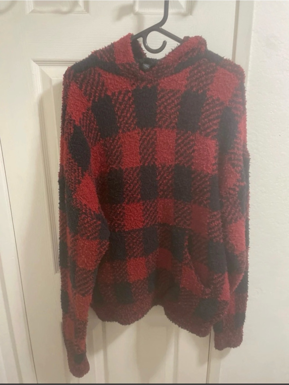 SKIMS Red and Black Plaid V-Neck Sweater